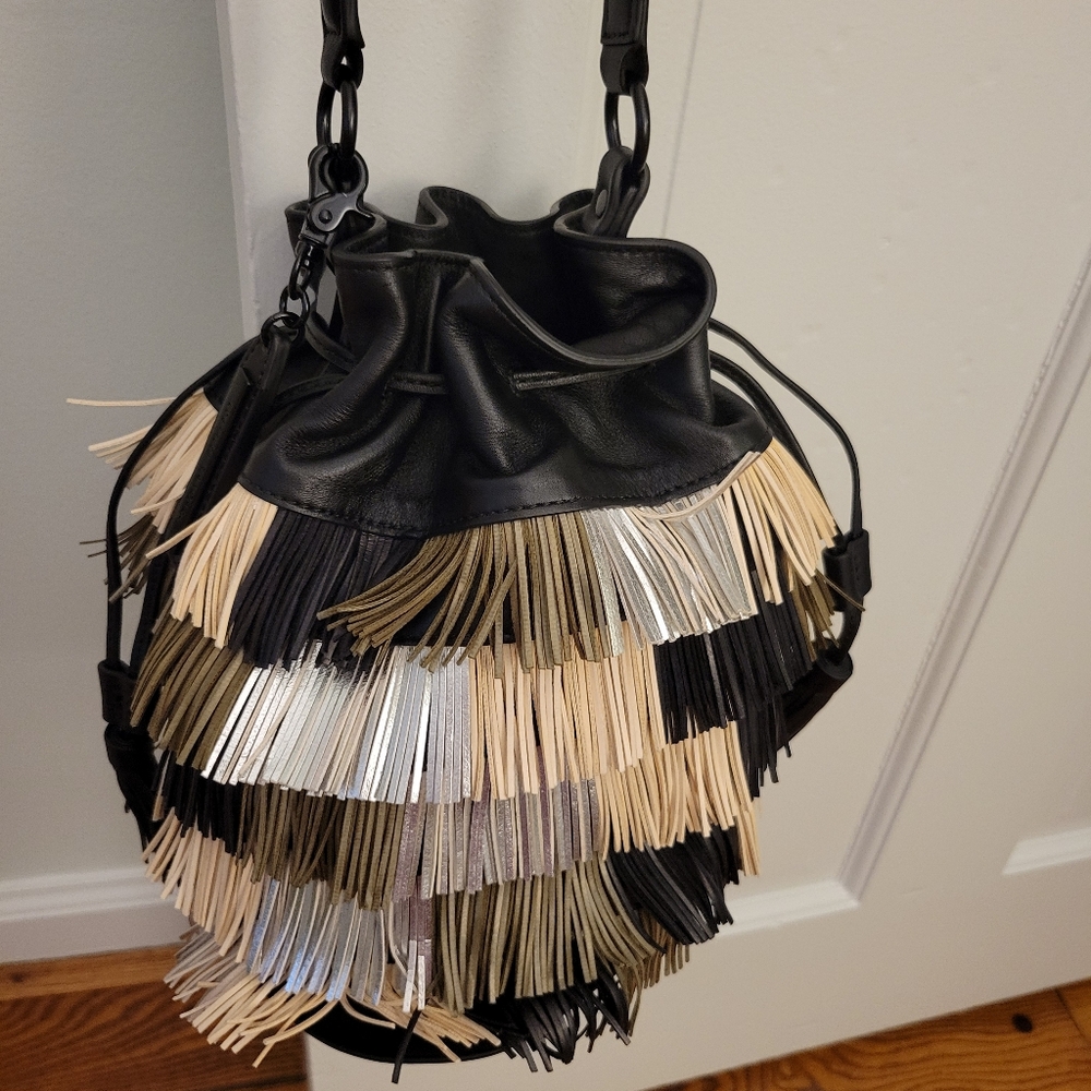 NWOT Loeffler Randall genuine leather fringe handbag purse. Black tan metallic - Picture 6 of 16